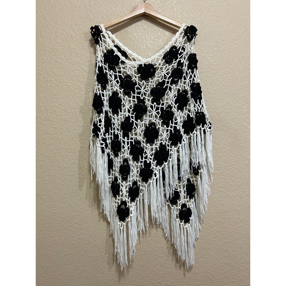 Crochet OS Rosette Poncho White Black Boho Fringe rose goth fringe grandma